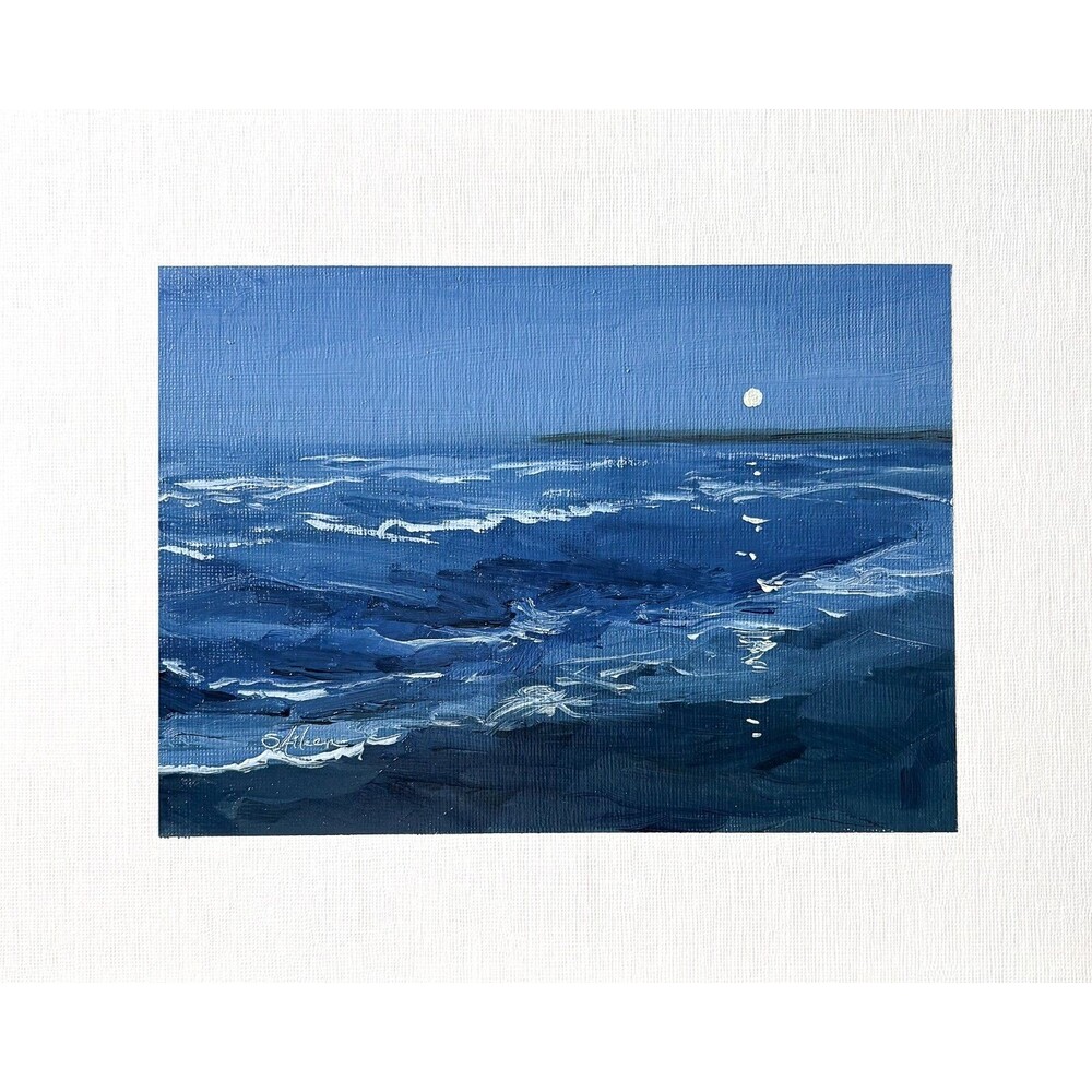 8x10 Original Oil Painting Seascape Nocturne Moon Ocean Waves Deep Blue Signed